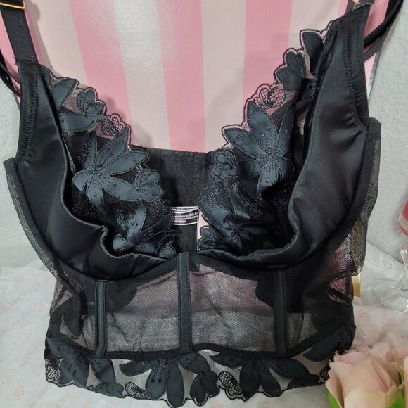 1447  VS VERY SEXY Long Line Embroidered Black Bra Size 36 DD NWT - Picture 1 of 7